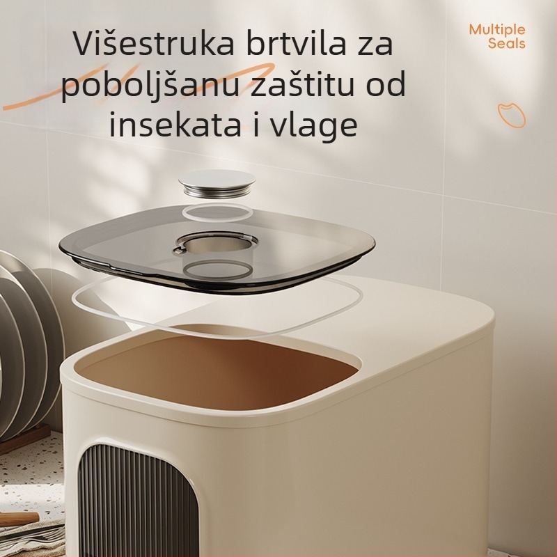 Plastična posuda za rižu, velika kapaciteta, prehrambene kvalitete, zatvara se, otporna na vlagu i insekte, s mjernim oznakama za rižu i brašno