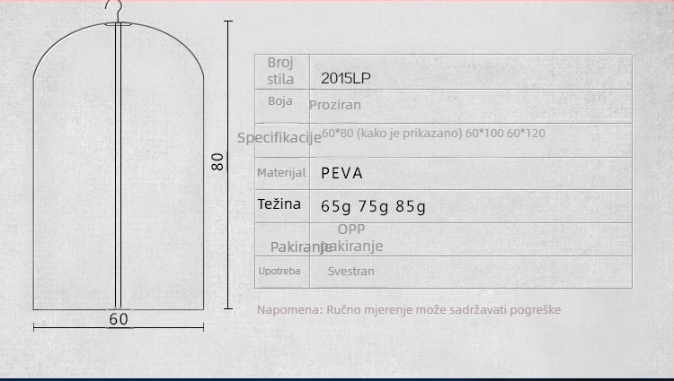 Prozirna zaštitna vreća za odjeću, s mogućnošću vješanja, periva, za odijela