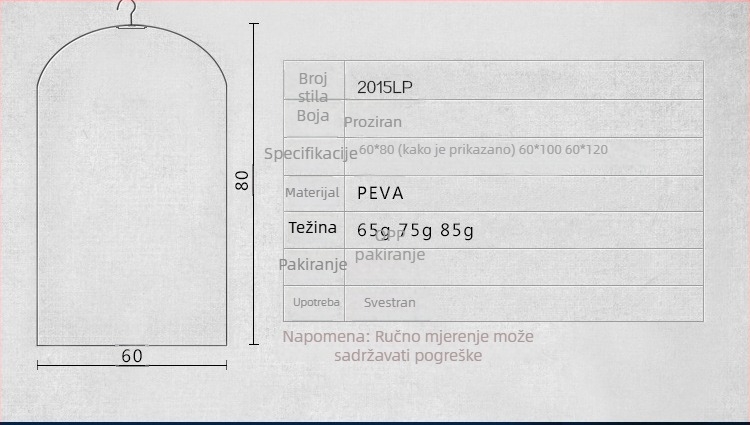 Prozirna zaštitna vreća za odjeću, s mogućnošću vješanja, periva, za odijela
