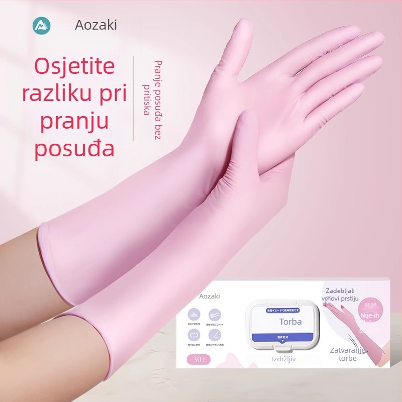 Nitrilne kućanske rukavice za pranje suđa, otporne na vodu, jednokratne, prehrambene kvalitete, s produženom duljinom