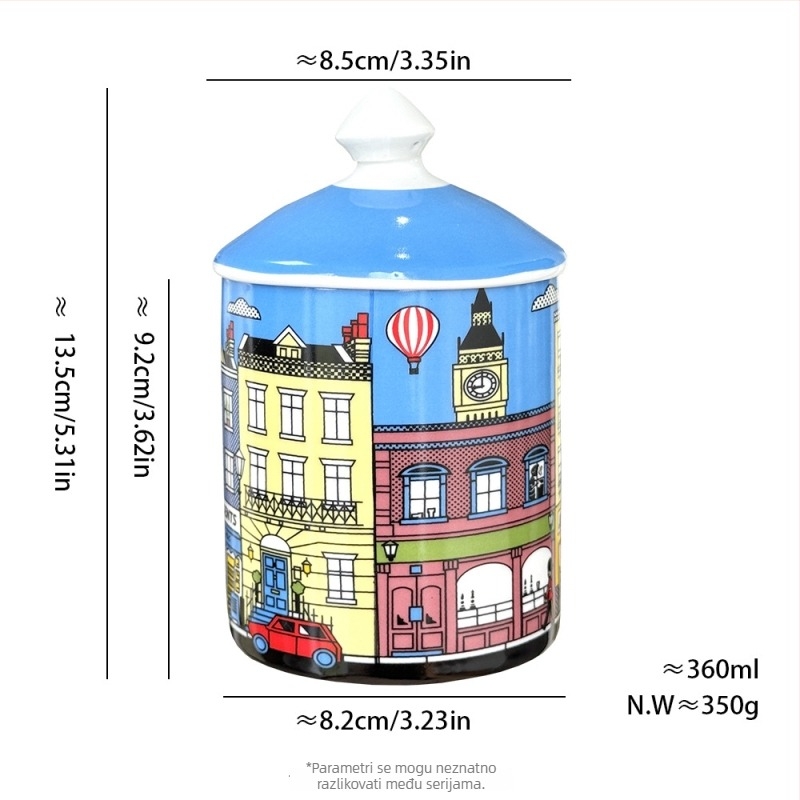 Šarena keramička posuda za pohranu s poklopcem, inspirirana arhitekturom, 301–500 ml, pogodno za mikrovalnu, kućni dekor