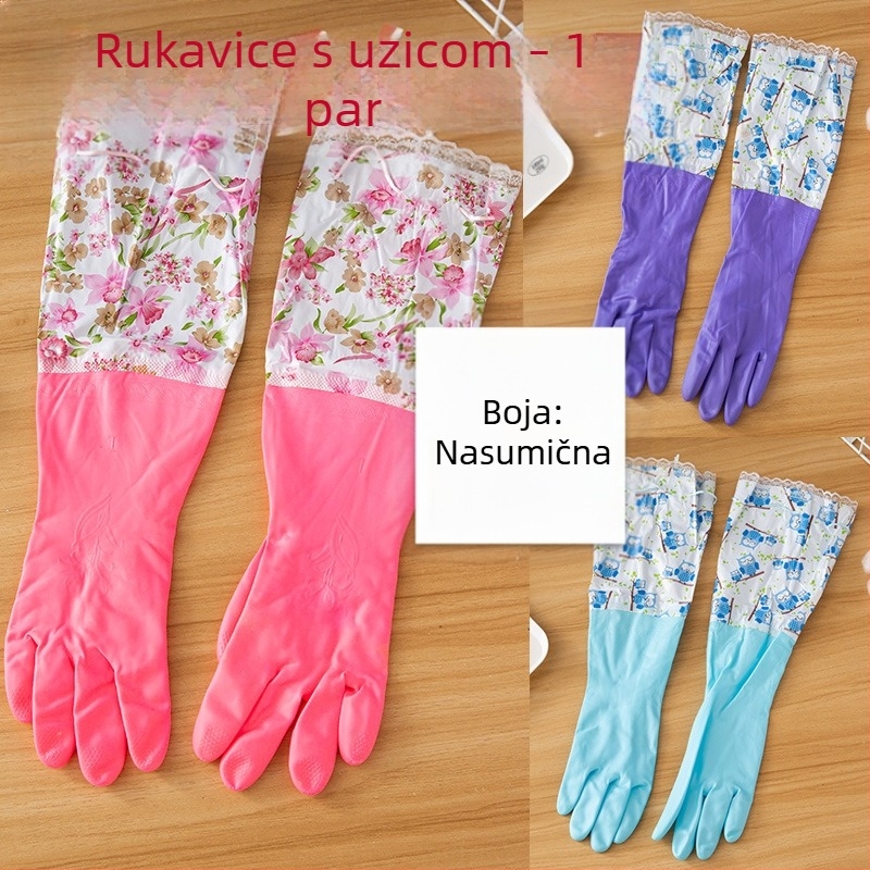 Ženske rukavice za kuhinju od latexa s manžetom - protuklizne, vodootporne, produžene, podstavljene fleecem za čišćenje, pranje suđa i kućanske poslove