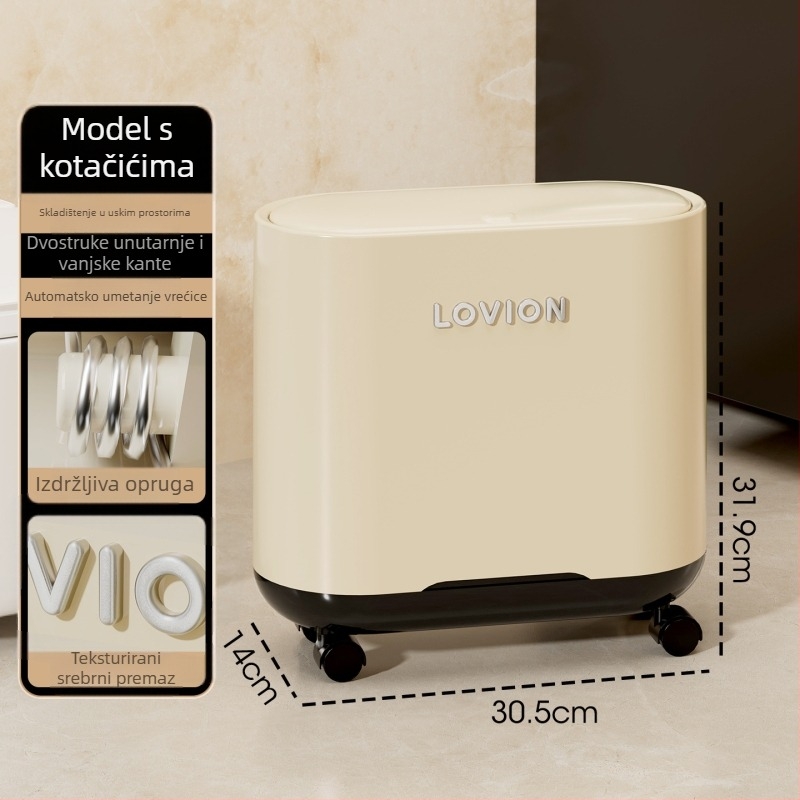 Kućni koš za uske prostore s pritiskom poklopca i okretno-kotačima, pogodan za kupaonicu, dnevni boravak i kuhinju