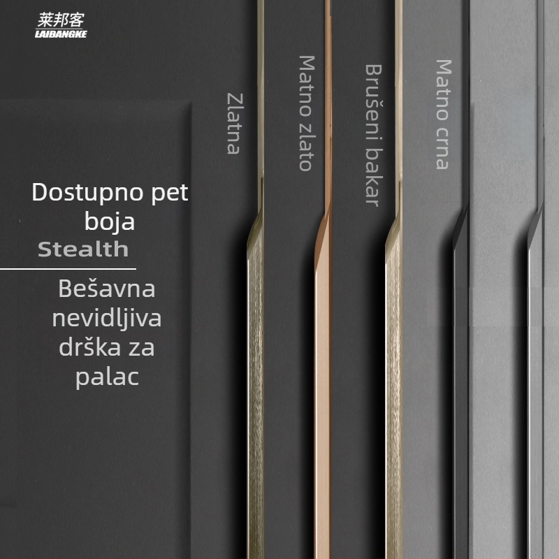 Nevidljiva ručka za ormar s rubnim brtvama, produžena, crna, bez rupa, ugrađena