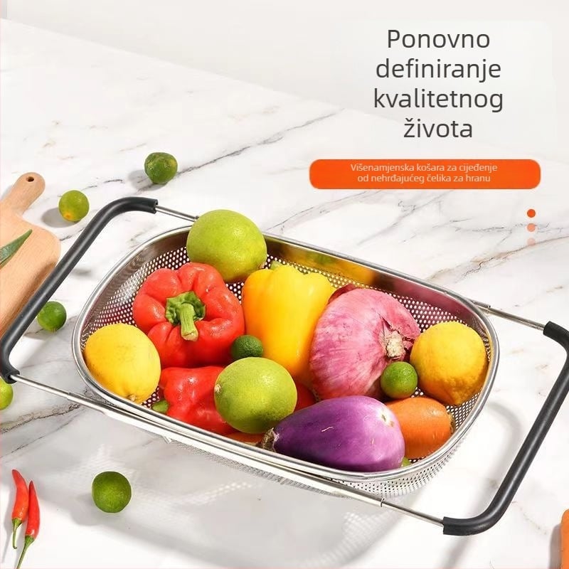 Teleskopska košara za odvod vode od nehrđajućeg čelika za sudoperu — ispiranje riže i isušivanje posuđa
