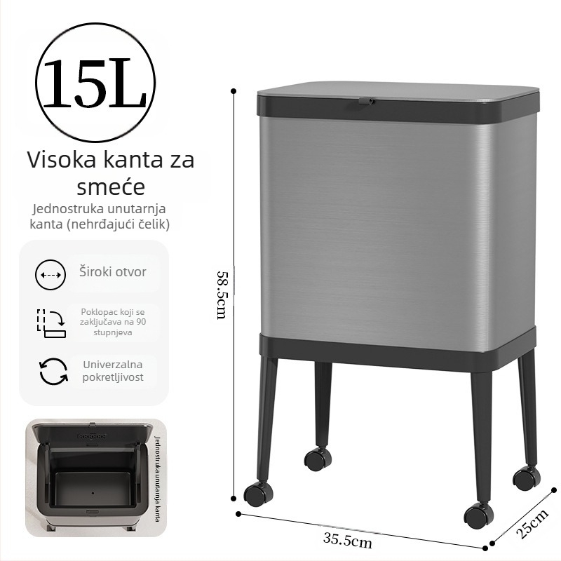 Shuangyi koš za smeće od nehrđajućeg čelika, visoki kuhinjski s kotačićima, velik kapacitet, kućna upotreba