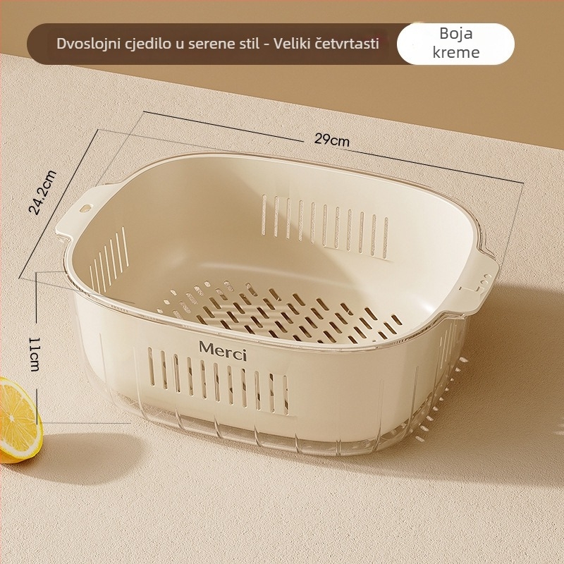 Nova dvostruko slojevita plastična košara za sudoperu za pranje povrća i voća, držač za zdjele, krem boje