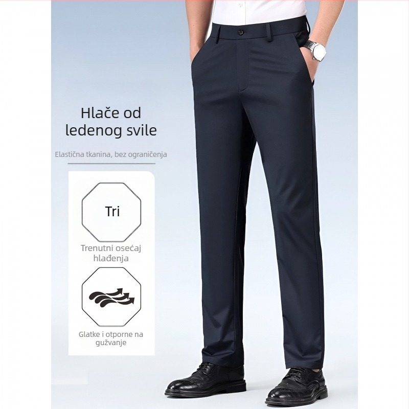 Muške ljetne hlače od ice silk materijala, slim fit, mikroelastične, otporne na nabore, ravnog kroja