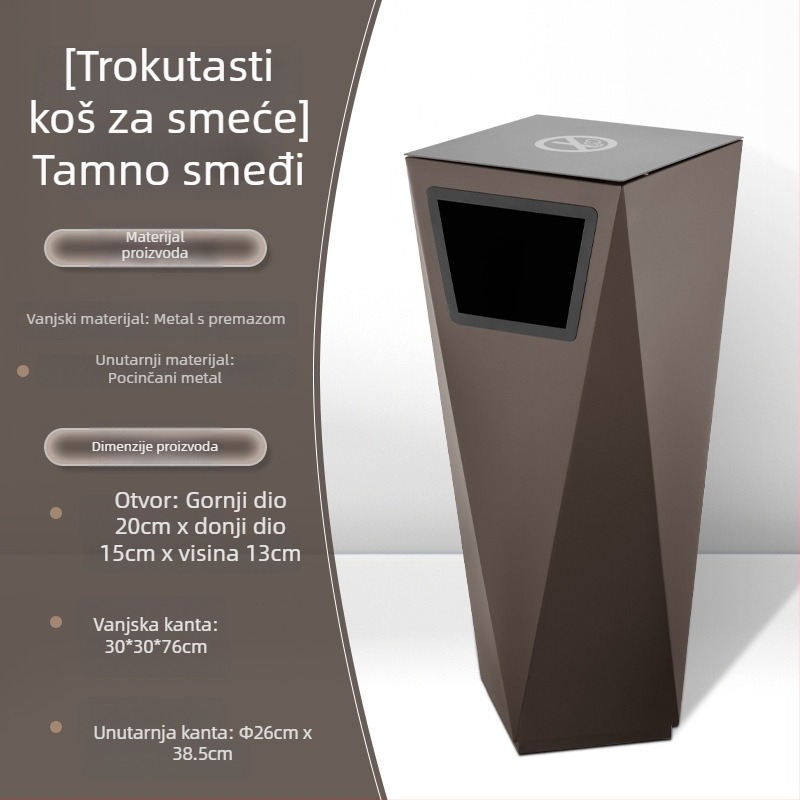 Hotelski podni otpadni koš u predvorju, trokutastog oblika, komercijalne namjene, s pepelnikom za hodnike