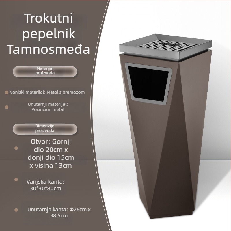 Hotelski podni otpadni koš u predvorju, trokutastog oblika, komercijalne namjene, s pepelnikom za hodnike
