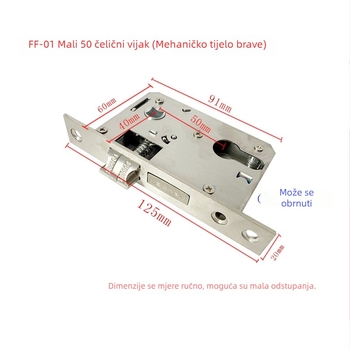 Unutarnje kućište brava za vrata, mali model 50, duljina 125 mm, mehaničko, reverzibilno, za spavaće sobe