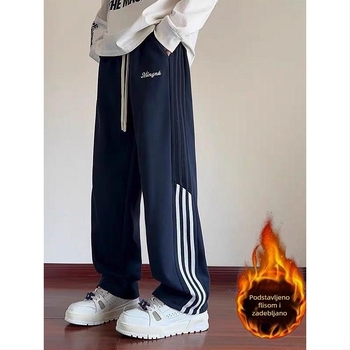 Muške sportske hlače s fleeceom, američki retro stil, slobodan kroj, ravne nogavice, zimske svakodnevne hlače