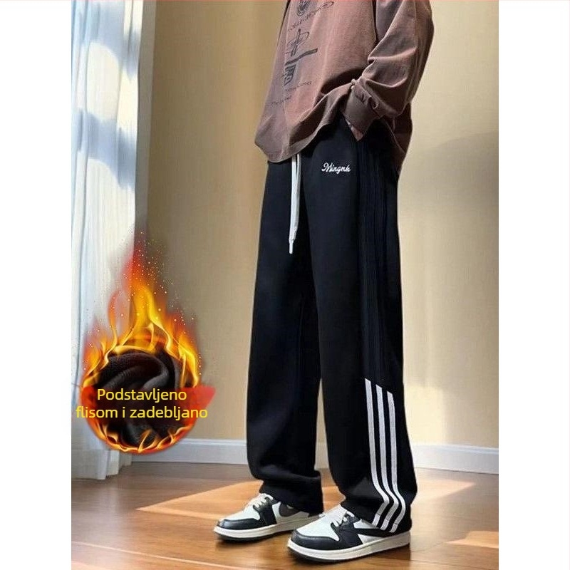 Muške sportske hlače s fleeceom, američki retro stil, slobodan kroj, ravne nogavice, zimske svakodnevne hlače