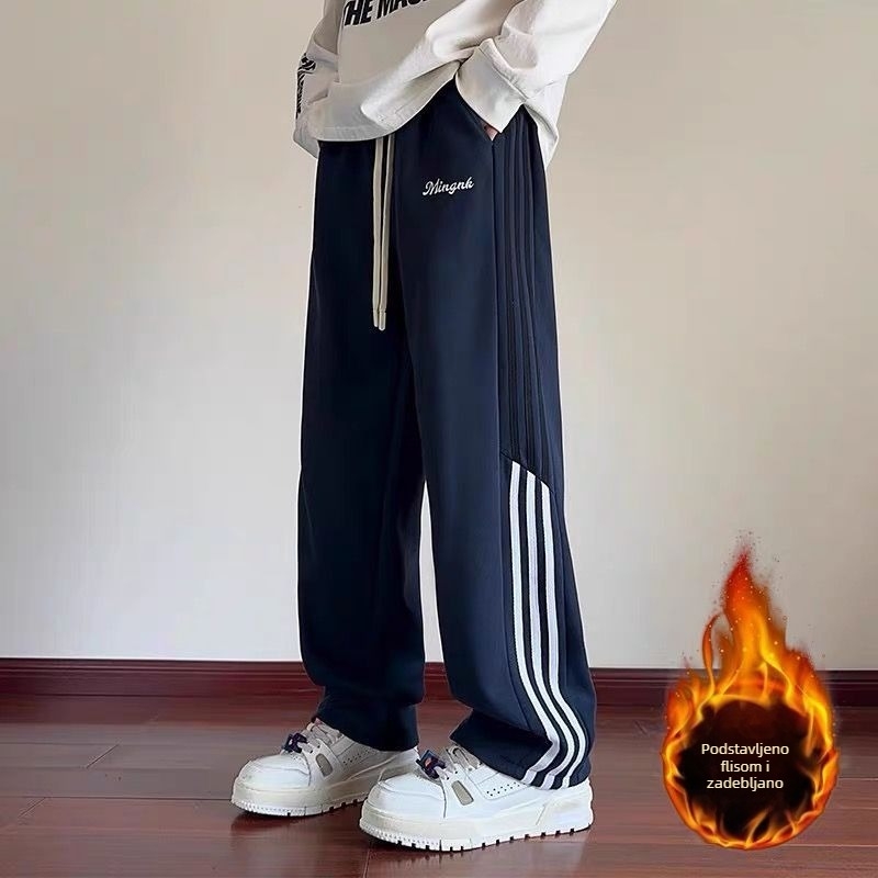 Muške sportske hlače s fleeceom, američki retro stil, slobodan kroj, ravne nogavice, zimske svakodnevne hlače