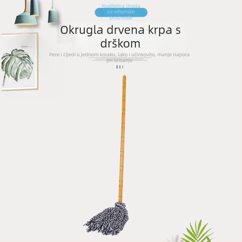 Podni mop s okruglom glavom, drvenom drškom i pamuknim nitima