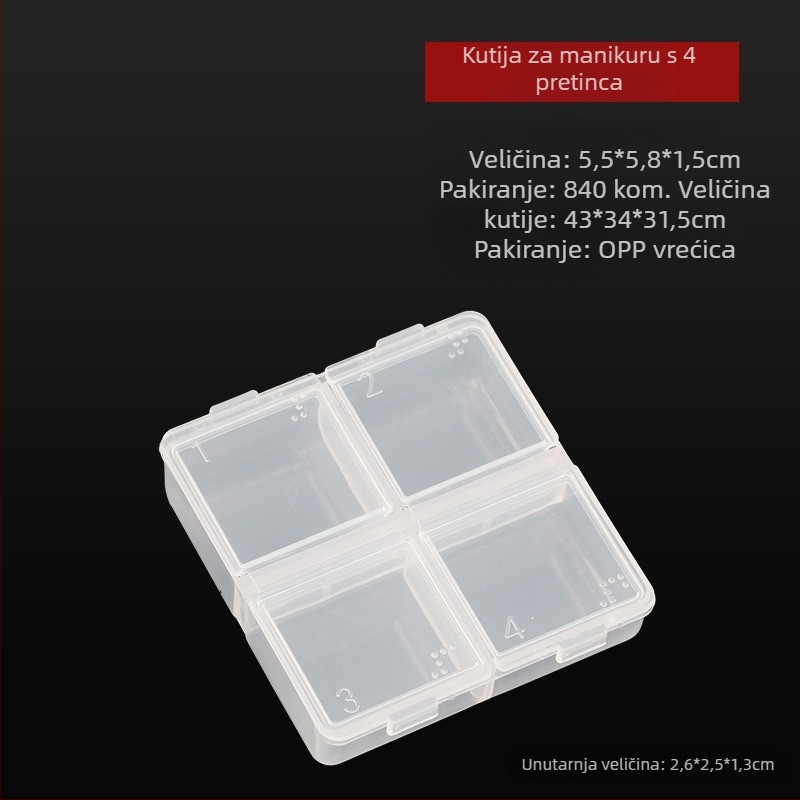Prozirna kutija za manikuru s preklopnim poklopcem i odjeljcima za perle, metalne perle i kristale