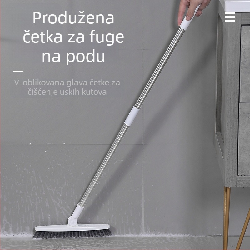Podna četka s dugom drškom i čvrstim čekinjama, za fuge pločica i čišćenje kupaonice; dopire do kutova toaleta.