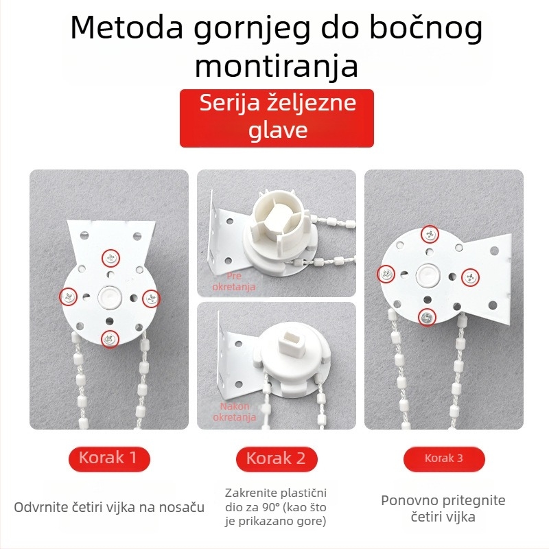Aksesoari za rolo žaluzine s kugličnim užetom za vuču, željezni kraj rotirajućeg osovine, debeli vučni užad, komplet nosača za žaluzije