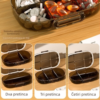 Odvojiva kutija za lijekove s 6 odjeljaka, velika kapaciteta, prijenosna, plastični materijal pogodan za hranu