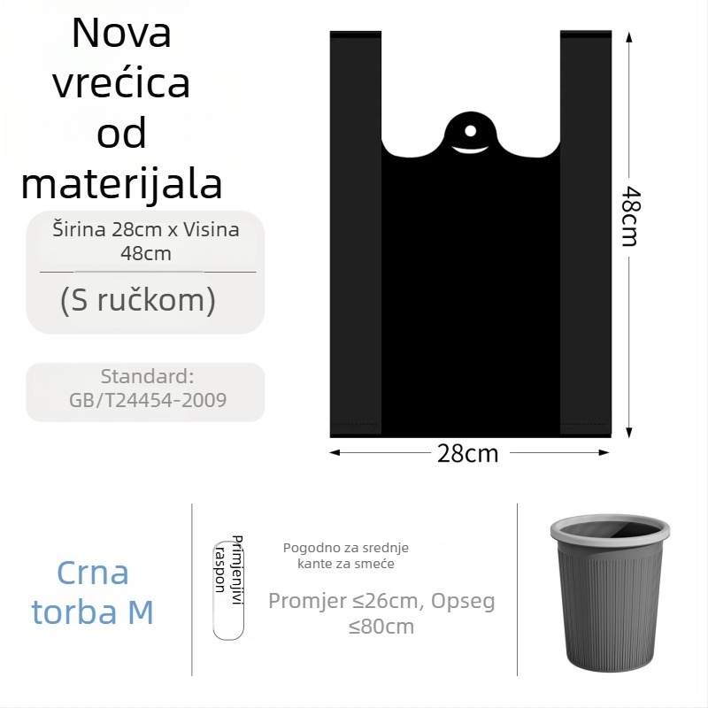 Crne jednokratne debeli ručni plastični vrećice za smeće, stil vest, u raznim veličinama