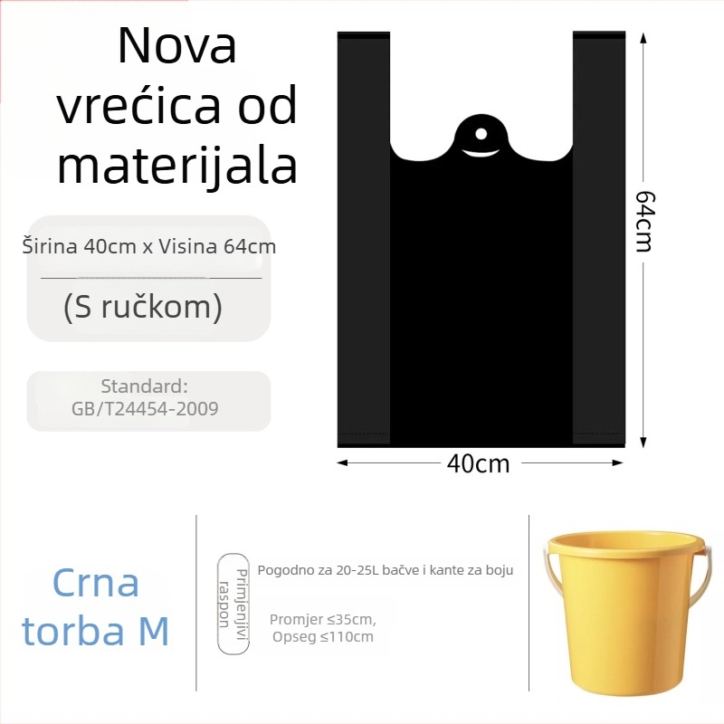Crne jednokratne debeli ručni plastični vrećice za smeće, stil vest, u raznim veličinama