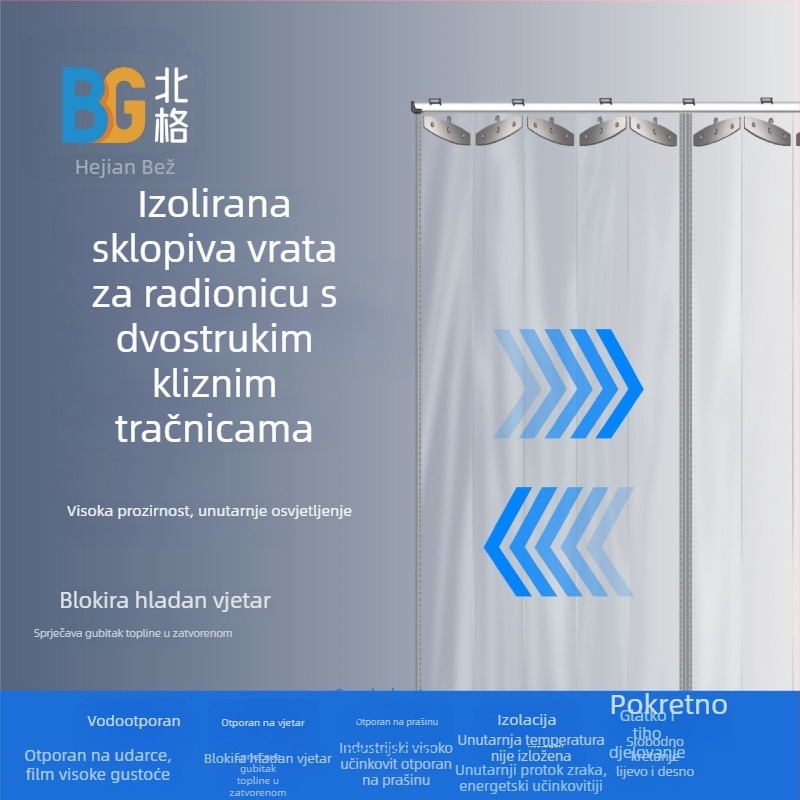 Prozirna sklopiva zavjesa za vrata za skladište i radionicu, pregradna zavjesa s dvostrukim otvaranjem, klizni tračnični sustav, PVC