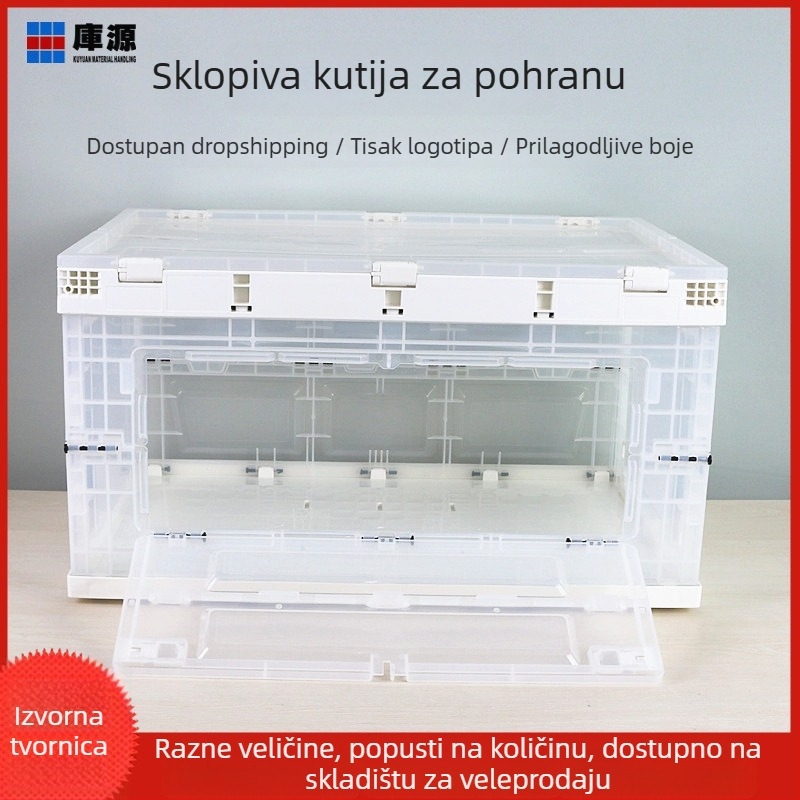 Plastična kutija za pohranu u automobilu s bočnim otvaranjem i poklopcem, sklopiva, prozirna