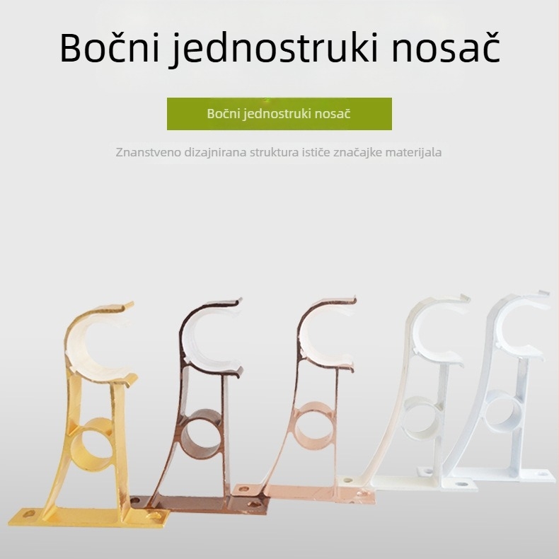 Držač za zavjese od aluminijske legure — bočno montirana osnova s kukicama za jednu šipku