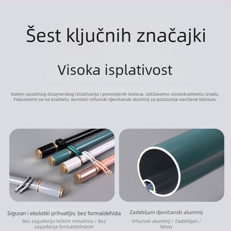 Aluminijska zavjesna šipka od legure aluminija, tihi rad, s kompletnim setom dodatne opreme, nosače i ojačane kukice, za jednoručni ili dvostruki rod