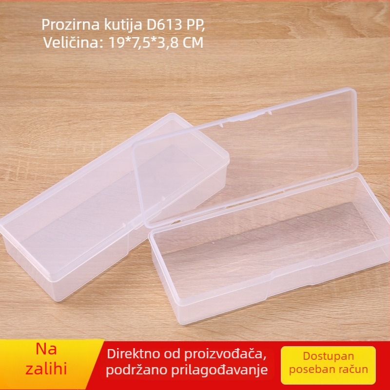 Prozirna PP plastična kutija s poklopcem – stolni organizator za nakit, kablove i male dijelove, veličina 19 × 7,5 × 3,8 cm