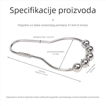 Kuke za zavjesu za tuš od nehrđajućeg čelika, crna verzija s pet kuglica, set od 12 komada