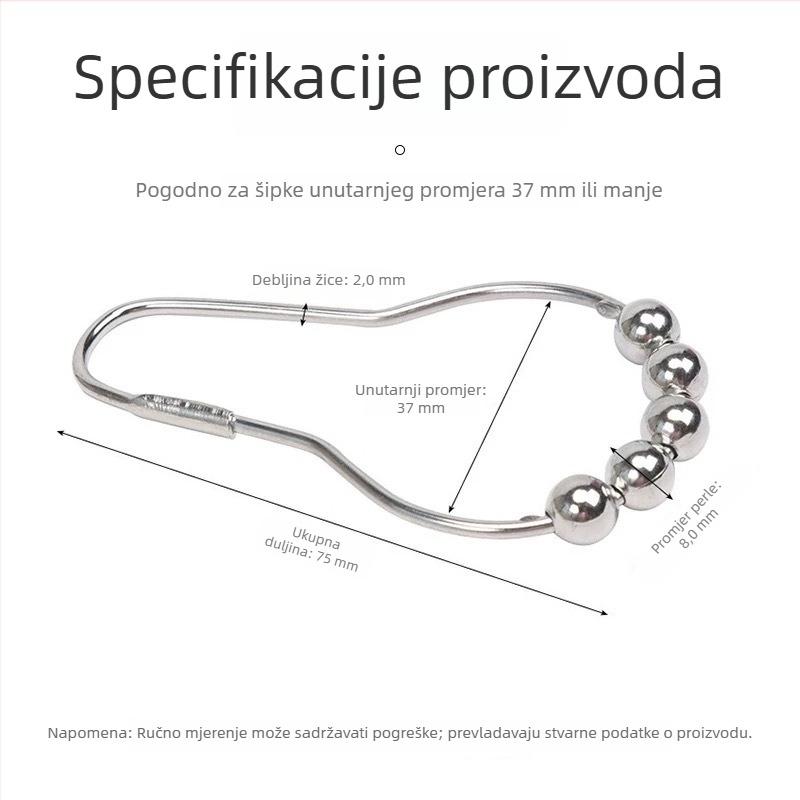Kuke za zavjesu za tuš od nehrđajućeg čelika, crna verzija s pet kuglica, set od 12 komada