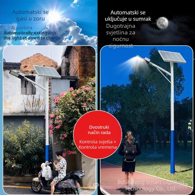 LED solarna ulična svjetiljka s integriranim vanjskim zidnim svjetlom, IP65 vodootporna rasvjeta za cestu, visina 6 m, seoska vrtna svjetiljka