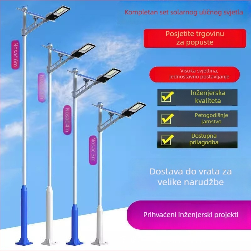 LED solarna ulična svjetiljka s integriranim vanjskim zidnim svjetlom, IP65 vodootporna rasvjeta za cestu, visina 6 m, seoska vrtna svjetiljka