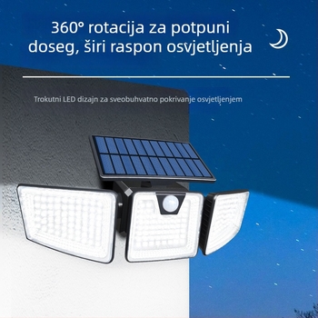 Solarna LED zidna svjetiljka s tri glave i senzorom pokreta za vanjski dvorište, IP65, 5.5W