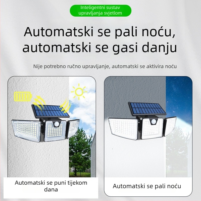 Solarna LED zidna svjetiljka s tri glave i senzorom pokreta za vanjski dvorište, IP65, 5.5W