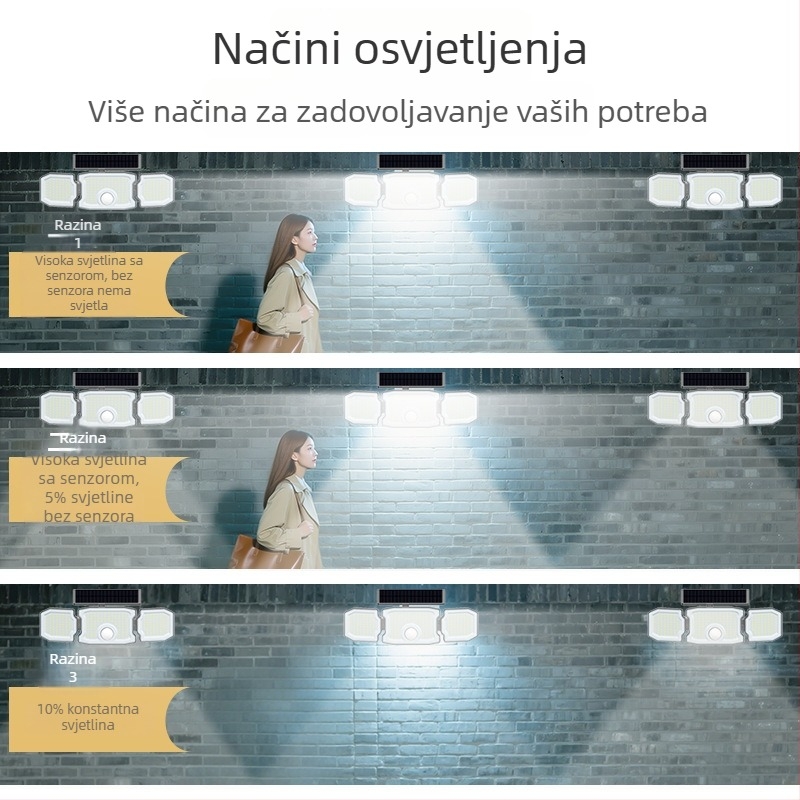 Prilagođena solarna vrtna svjetiljka s tri glave – vanjski senzor, pravokutna vodootporna integrirana zidna svjetiljka