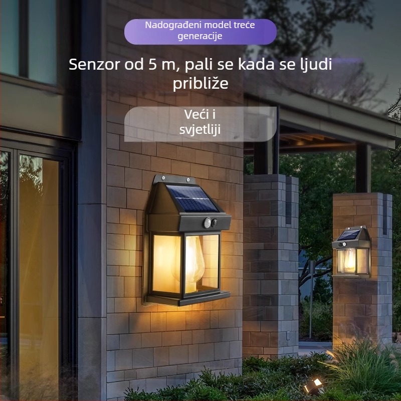 Vanjska vodootporna solarna zidna svjetiljka sa senzorom za ulaz vile, osvjetljenje vrta i terase