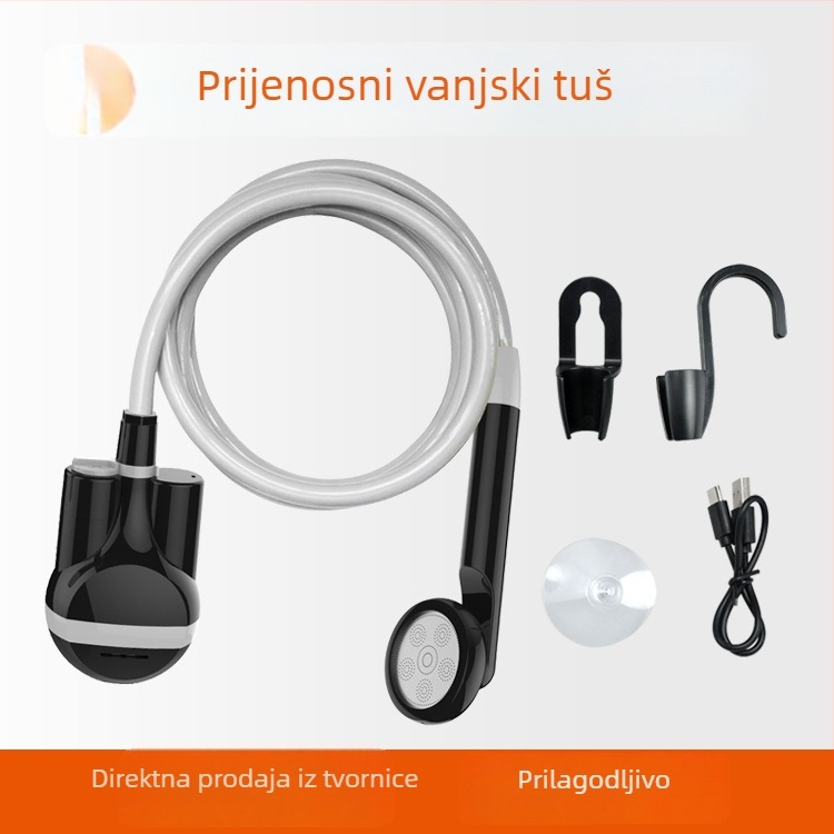 Prijenosni vanjski tuš s prekidačem glavne mlaznice, za kampiranje i dom, s ugrađenom 2200mAh baterijom, PVC crijevo 1,8 m, ABS