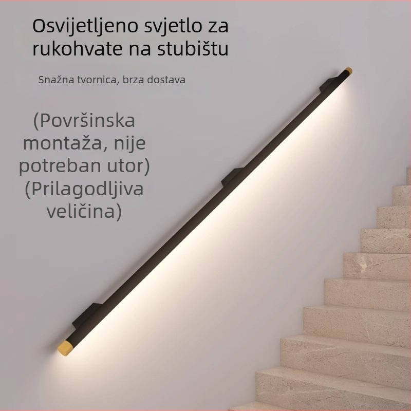 Minimalistička zidna svjetiljka uz stepenice, bočno ugrađena na rukohvat, LED svjetlo s senzorom pokreta za hodnik