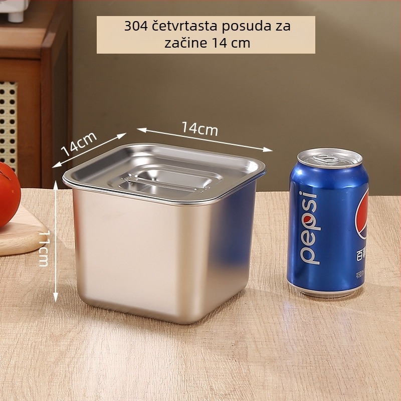 Kvadratna posuda za začine od nehrđajućeg čelika 304, debeli zidovi i dublji kapacitet, s poklopcem, za komercijalne kuhinje