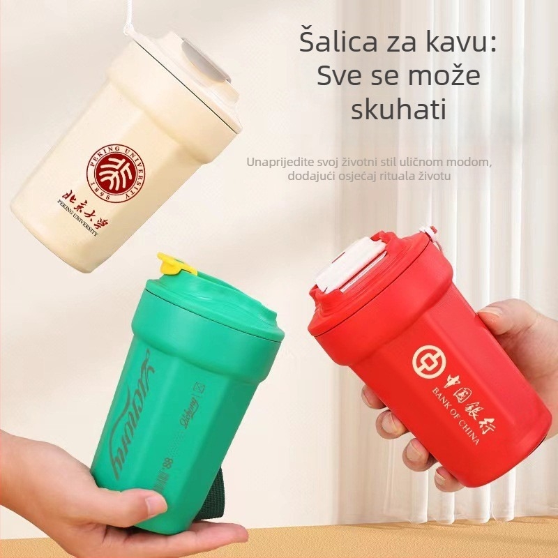 Šalica za kavu od nehrđajućeg čelika 316, osmerokutnog oblika, s kaišem za nošenje, prenosna izolirana šalica