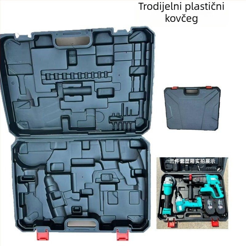 4-dijelni set alata u plastičnoj kutiji: udarna bušilica, akumulatorska bušilica, električni ključ i kutna brusilica