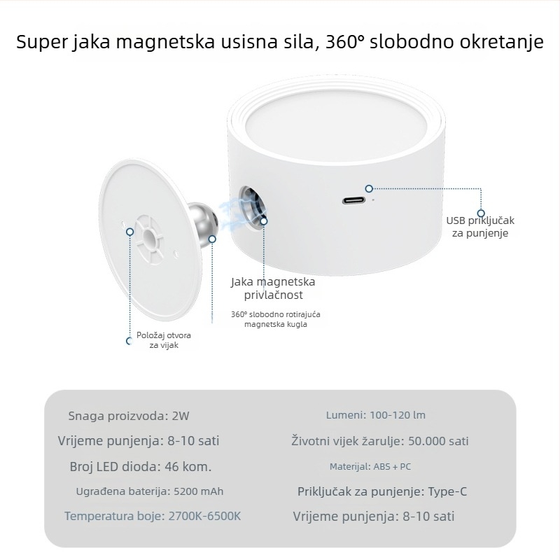 Punjiva magnetska zidna svjetiljka, bez bušenja, okretna noćna lampa za hodnik i studij, osvjetljenje za slike i zidove.