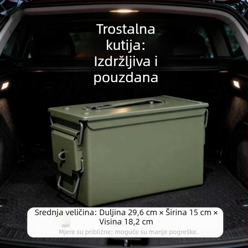 Prijenosna kutija za alat za kampiranje i kućnu upotrebu, metalna kutija boje vojne zelene s zaštitom od vlage i prašine