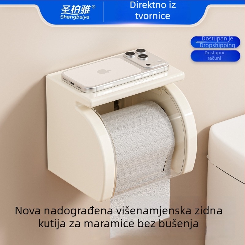 Zidni držač rolnog toaletnog papira bez bušenja, vodootporan, s usisnom čašom za kupaonicu