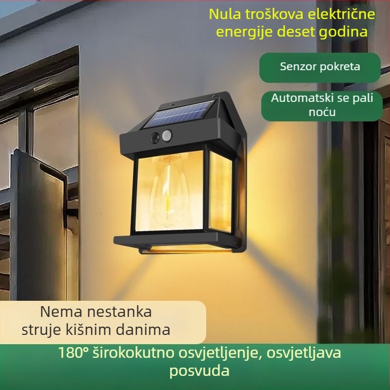 Vanjska solarna zidna svjetiljka s vodootpornim wolfram vlaknom, senzorom svjetla, za dvorište i vrt, bez napajanja, IP65
