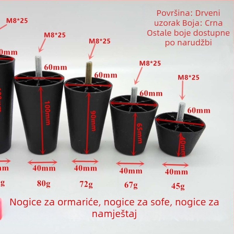Konične plastične nogice za kauč, s M8 vijakom, podesiva visina za namještaj
