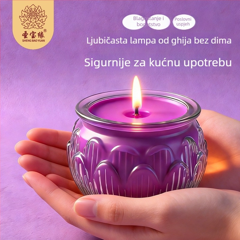Staklena svijeća u obliku lotosa sa biljnim gheeom, za ponude Buddha i oltare u hramovima.