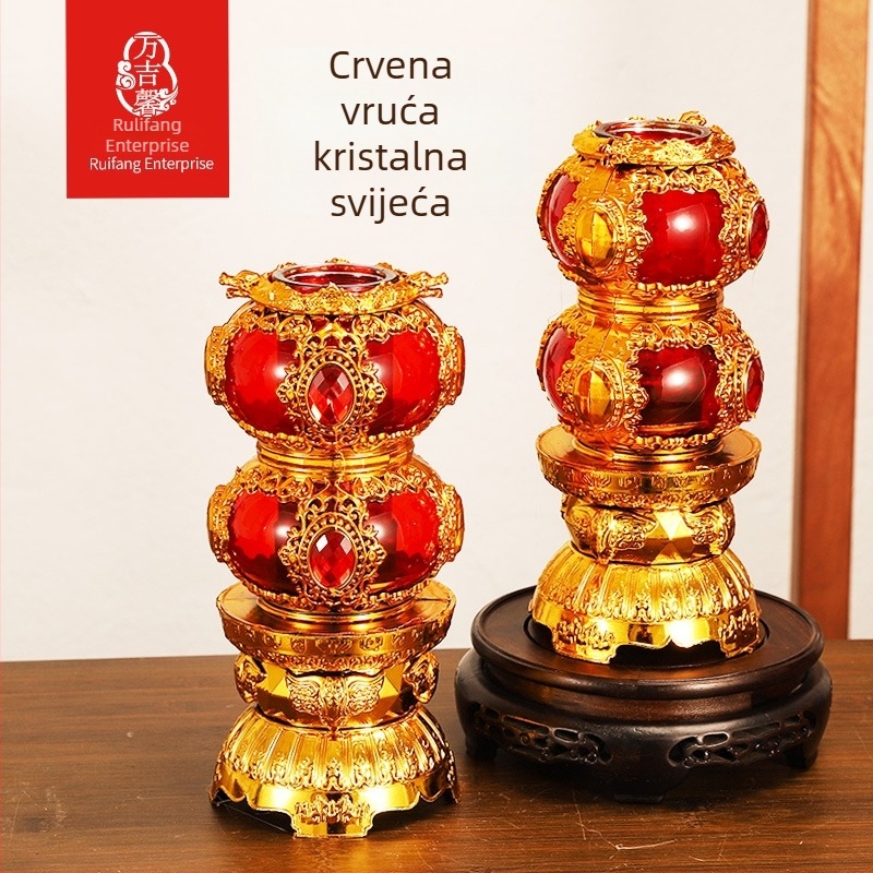 Bezdimna maslena svjetiljka za kućni budistički oltar, kristalna darovna svjetiljka otporna na vjetar, s crvenom svijećom za Novu godinu.
